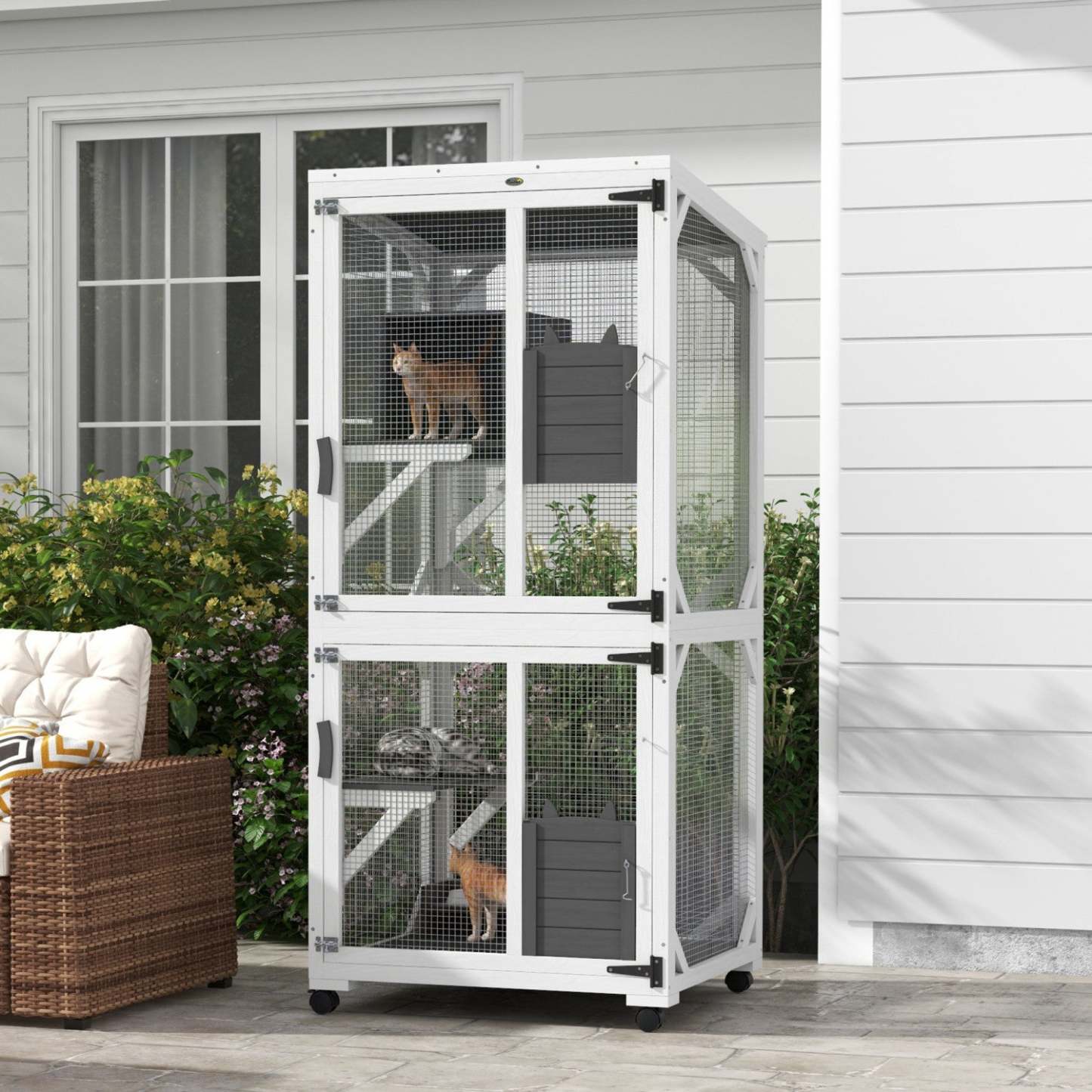 Pawhut Maison Extérieure pour Chats, Grande Enclos en Bois pour Chatons, Design Élevé, Avec Roues, Espace de Repos | Pawhut Cage de Jeu pour Chat, Design Surélevé, Avec Roues, Boîte de Repos, Résistant à l'Eau, Multi-