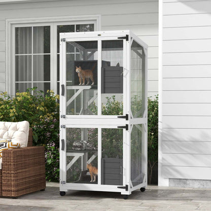 Pawhut Maison Extérieure pour Chats, Grande Enclos en Bois pour Chatons, Design Élevé, Avec Roues, Espace de Repos | Pawhut Cage de Jeu pour Chat, Design Surélevé, Avec Roues, Boîte de Repos, Résistant à l'Eau, Multi-