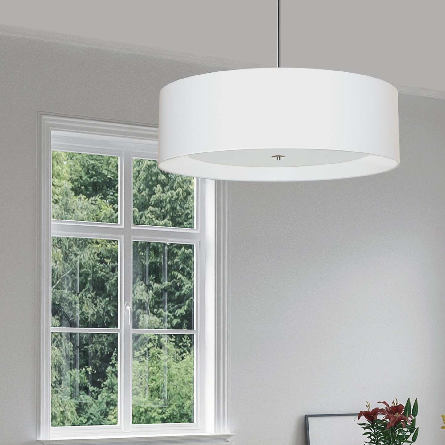 Dainolite Helena 4 Light Pendant 30 Dia Polished Chrome Finish White Shade White Diffuser Lamp|Luminaire suspendu Helena de Dainolite de 30 po de diamètre avec abat-jour blanc qui diffuse la lumière, fini chromé poli et 4 ampoules