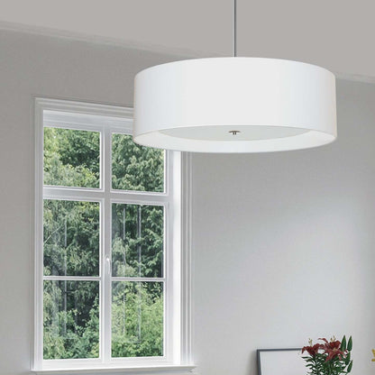 Dainolite Helena 4 Light Pendant 30 Dia Polished Chrome Finish White Shade White Diffuser Lamp|Luminaire suspendu Helena de Dainolite de 30 po de diamètre avec abat-jour blanc qui diffuse la lumière, fini chromé poli et 4 ampoules