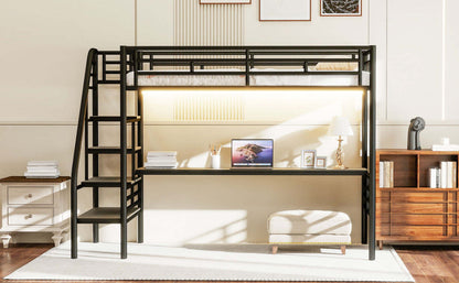 Lit mezzanine simple en métal Cherry Twin avec bureau et éclairage LED - Noir | Cherry – Lit Mezzanine Simple en métal, design compact avec bureau et éclairage LED - Noir