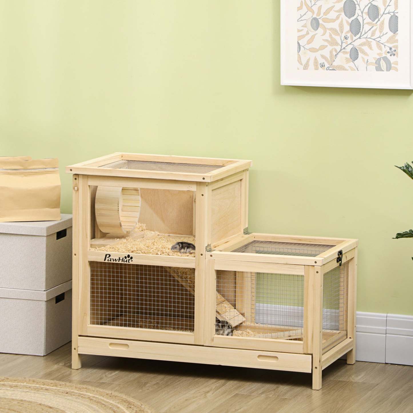 Pawhut Cage À Hamster En Bois, Huche Pour Souris Et Rongeurs, Maison D'exercice À 2 Niveaux, Avec S