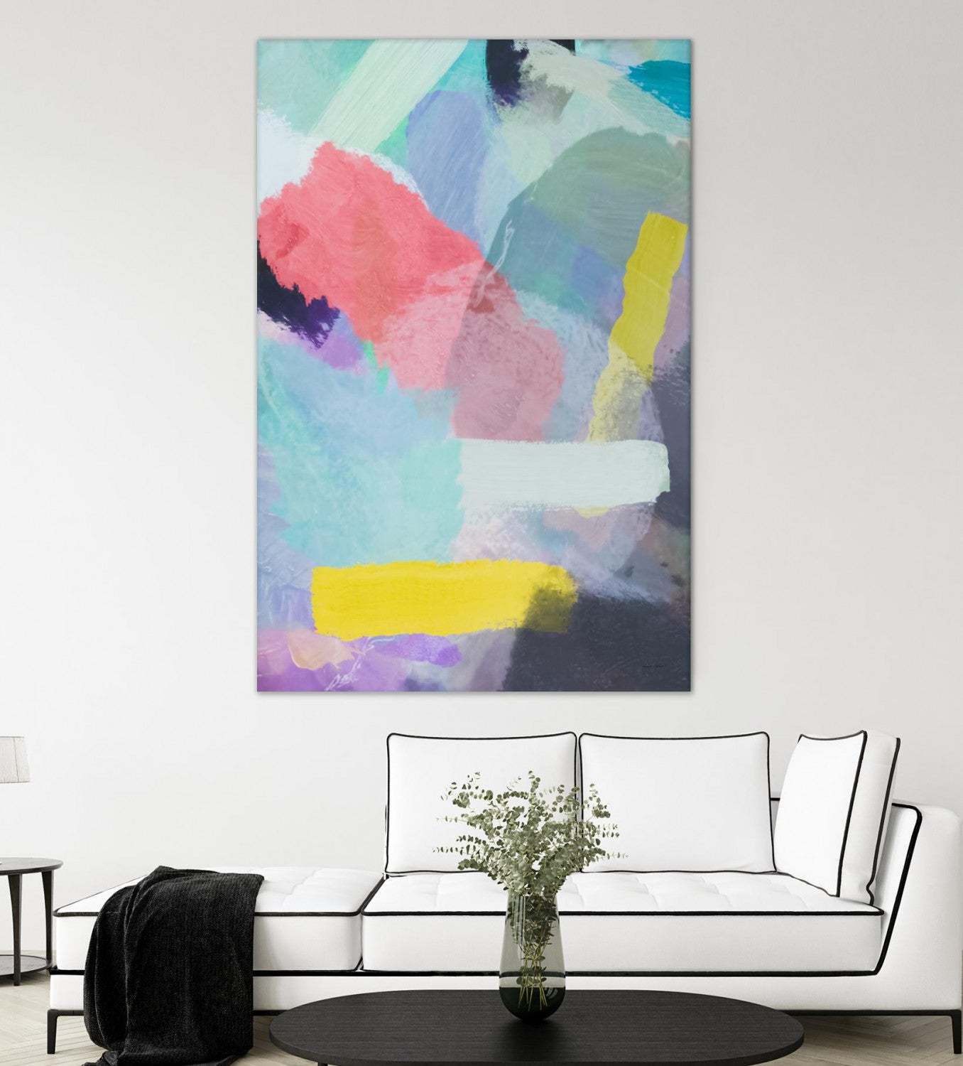 Œuvre d'art murale géante « Peinture à la texture abstraite au pinceau, bleu, rose, jaune et vert » 72 x 48