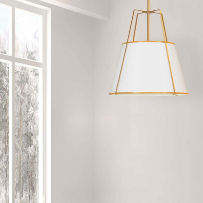 Dainolite Trapezoid 3 Light Pendant Trapezoid Gold/White Shade White Fabric Diffuser Lamp|Luminaire suspendu Trapezoid de Dainolite avec abat-jour trapézoïde doré et blanc qui diffuse la lumière, tissu blanc et 3 ampoules