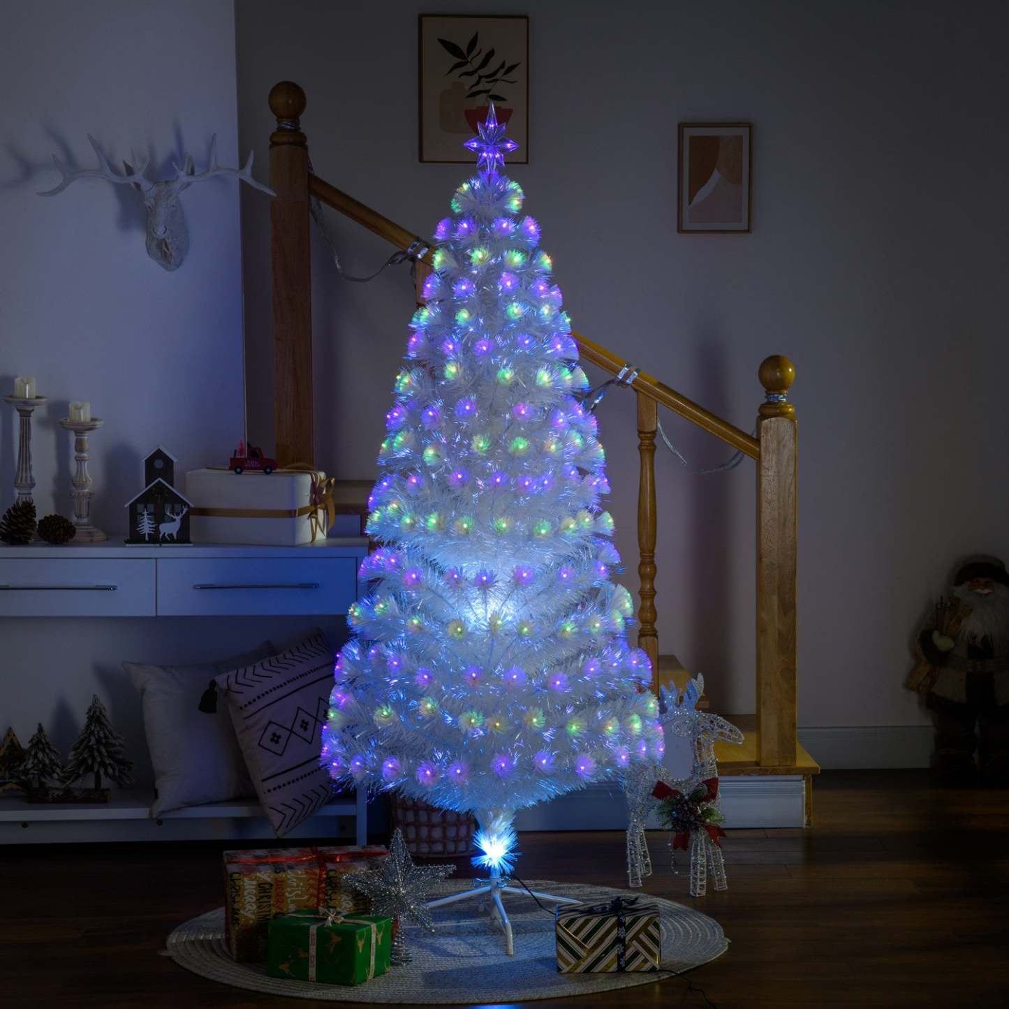 Homcom Arbre De Noël Pré-illuminé À Fibre Optique Artificielle De 6 Pieds Avec 220 Lumières LED Et Pointes De Branche