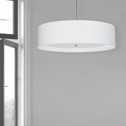 Dainolite Helena 4 Light Pendant 34 Dia Polished Chrome Finish White Shade White Diffuser Lamp|Luminaire suspendu Helena de Dainolite de 34 po de diamètre avec abat-jour blanc qui diffuse la lumière, fini chromé poli et 4 ampoules