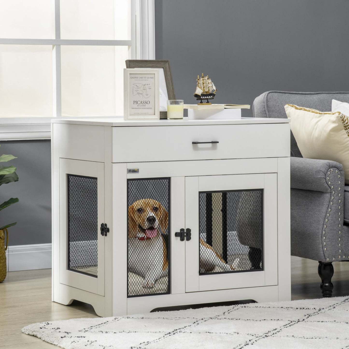 Pawhut 32in Dog Crate Furniture With Cushion, 2 Doors, Dog Kennel End Table With Storage, Indoor Dog|Pawhut 32in Meuble de Cage pour Chien avec Coussin, 2 Portes, Table d'Appoint avec Rangement, Cage d'Intérieur pour Chien