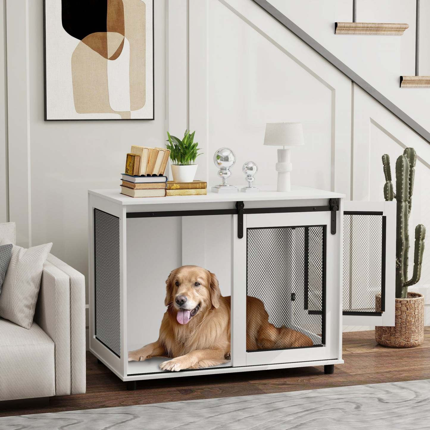 Pawhut Meuble Pour Cage De Chien, 39 Table D'Extrémité De Niche Pour Chien Avec Porte Coulissante,