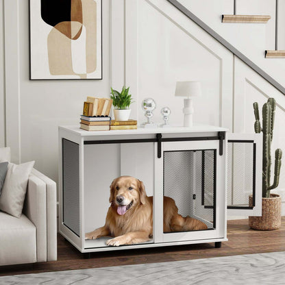 Pawhut Meuble Pour Cage De Chien, 39 Table D'Extrémité De Niche Pour Chien Avec Porte Coulissante,