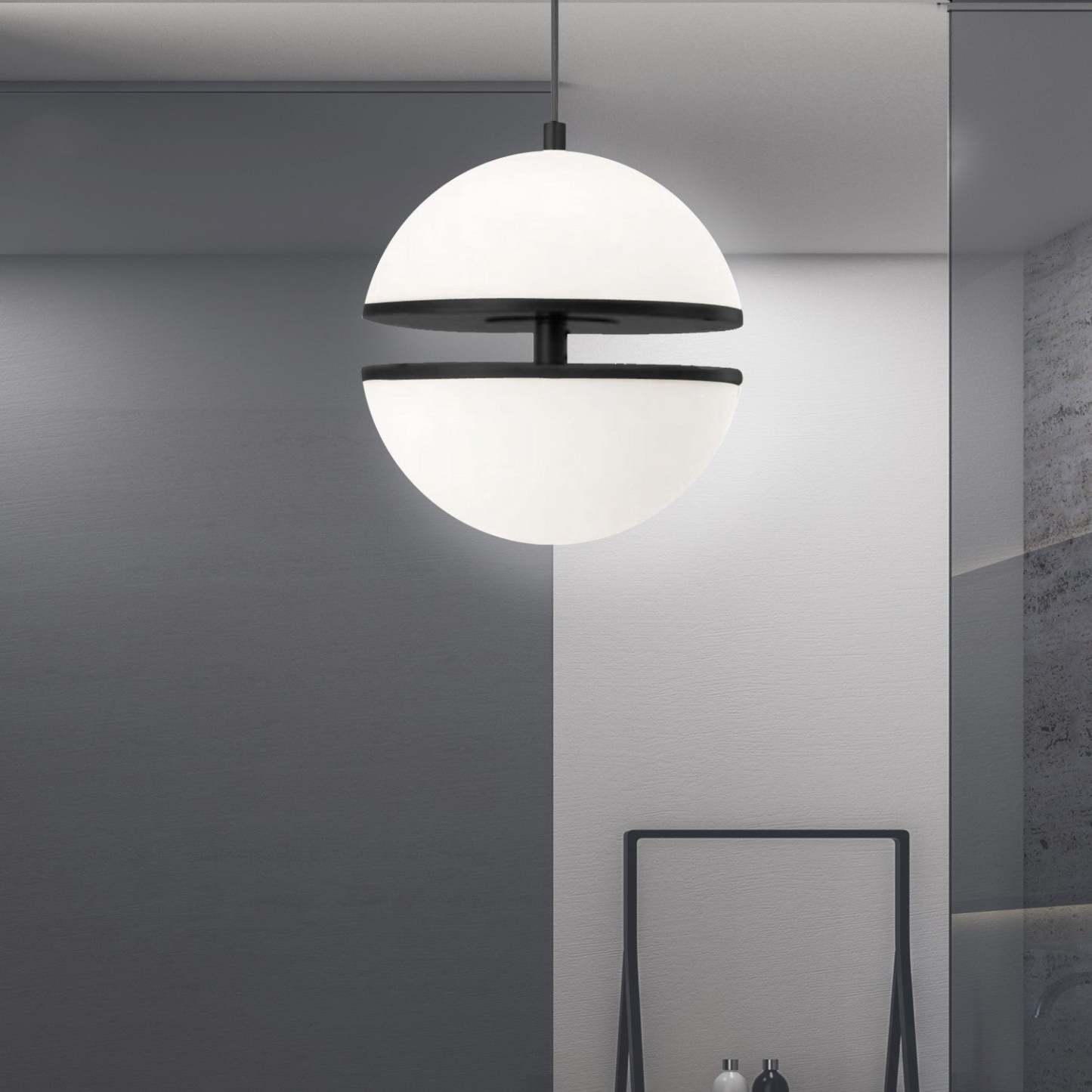 Dainolite Atomic Pendant 30w Matte Black White Glass Lamp|Luminaire suspendu Atomic de Dainolite en verre blanc, avec fini noir mat et ampoule de 30 W
