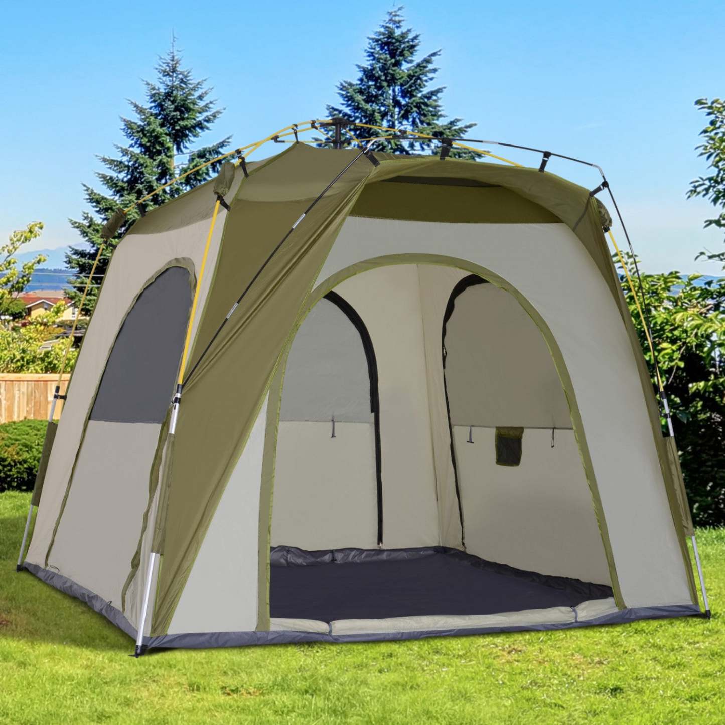 Outsunny Tente de Camping Automatique Instantanée avec 4 Portes et 4 Fenêtres, Tente Pop-Up Extérieure Facile, Portable|Tente De Camping Familiale 4-5 Personnes Montage Instantané Pop-up 4 Fenêtres Pare-soleil Dim. 2,4l