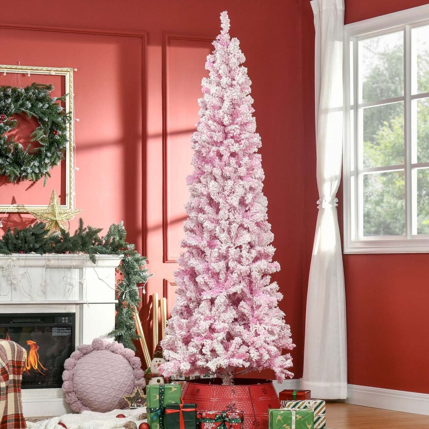 Homcom Arbre De Noël Artificiel Floqué De Neige Avec Base En Acier Rose|Homcom Snow Flocked Pencil Artificial Christmas Tree With Steel Base Pink