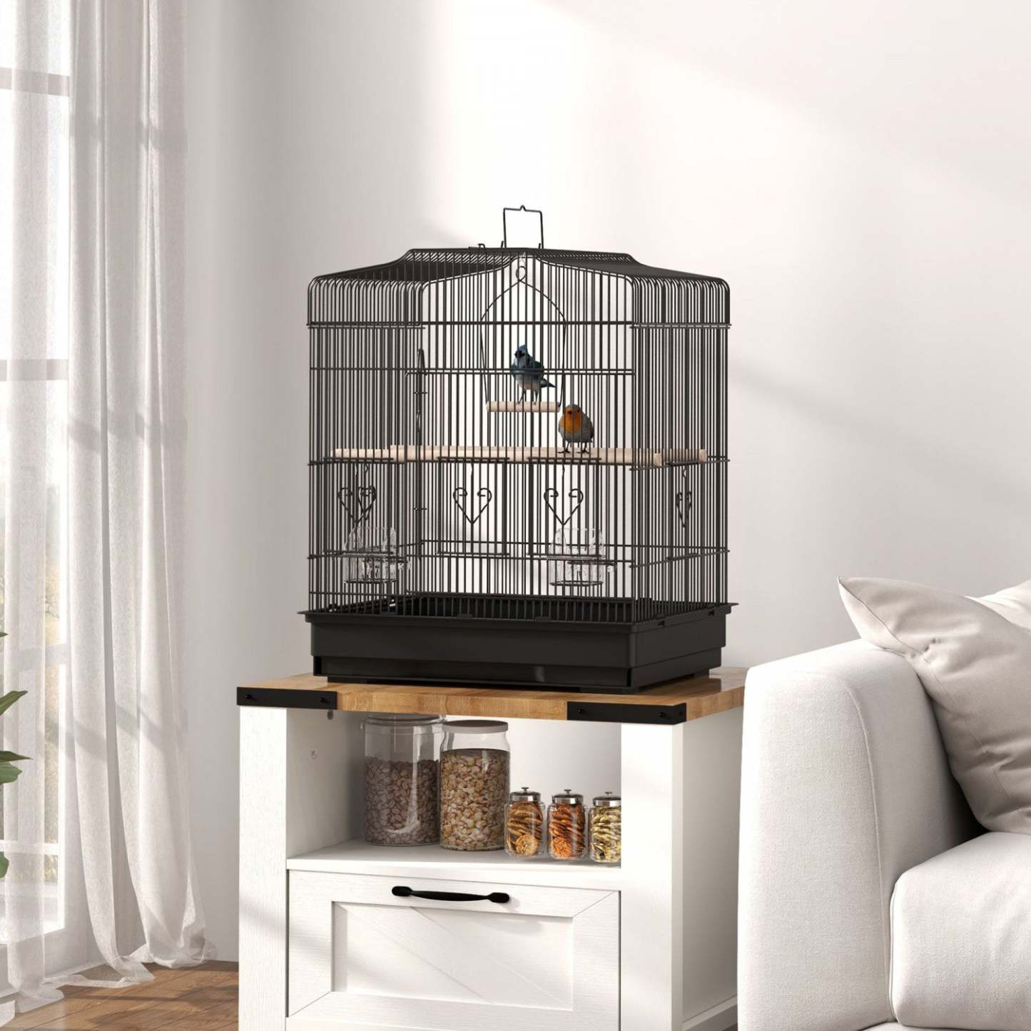 Pawhut 23 Cage à Oiseaux pour Pinsons, Canaris, Perruches, Cage à Perroquet avec Accessoires et Poignée, Noir