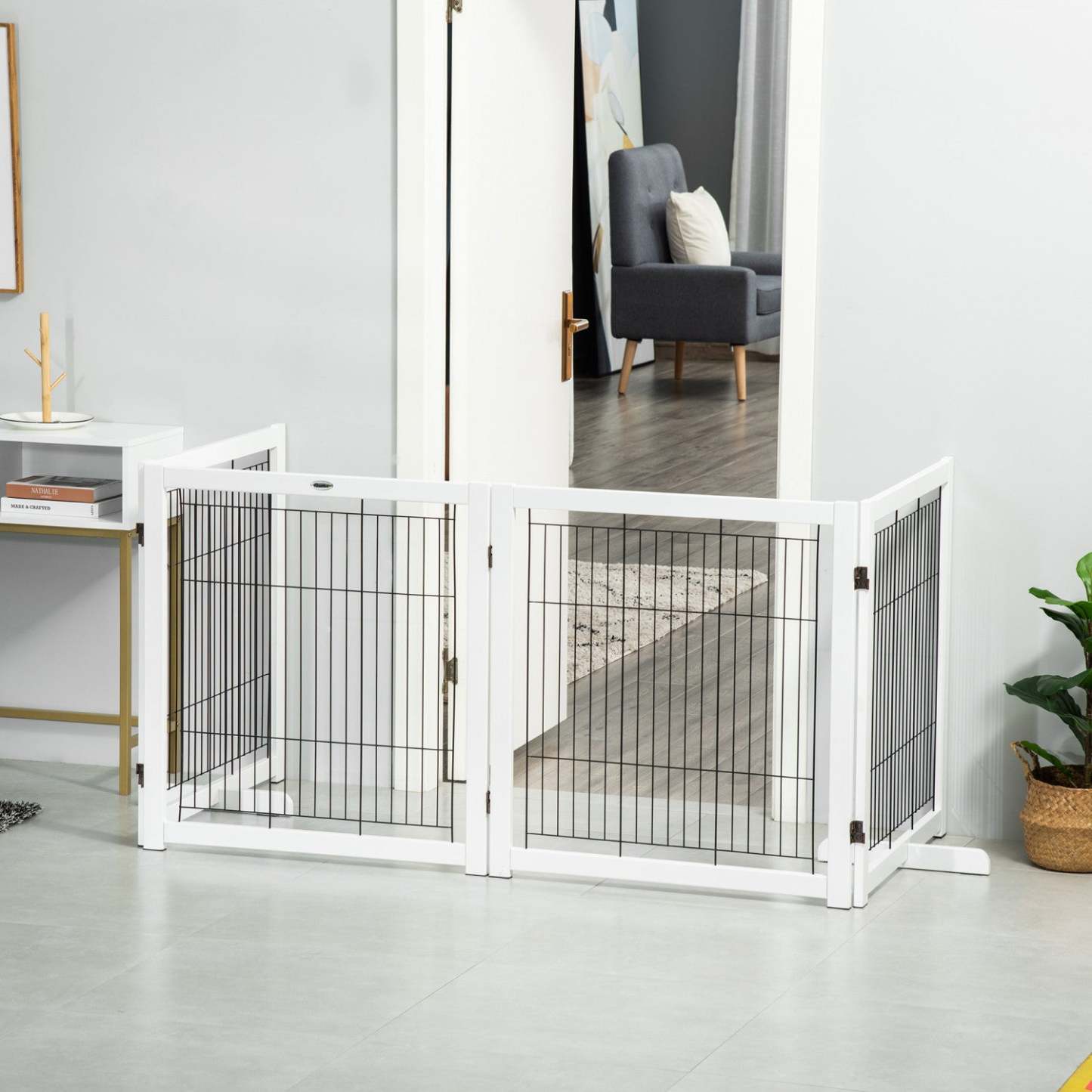 Pawhut Wooden Dog Gate Foldable Pet Fence For Small & Medium Dogs 4 Panel With Support Feet Freestan|Pawhut Barrière de sécurité pour animaux barrière modulable pliable 4 panneaux en bois de pin massif