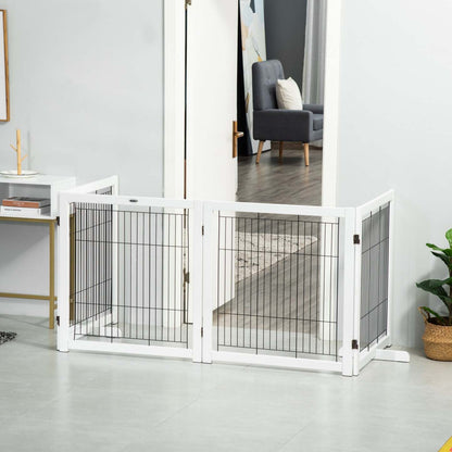 Pawhut Wooden Dog Gate Foldable Pet Fence For Small & Medium Dogs 4 Panel With Support Feet Freestan|Pawhut Barrière de sécurité pour animaux barrière modulable pliable 4 panneaux en bois de pin massif