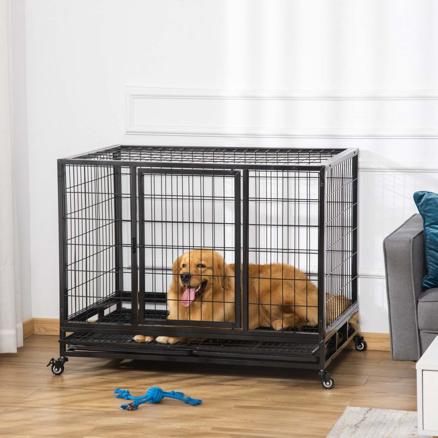 Pawhut Cage Pour Chiens De Grande Taille Avec Deux Portes, Roues Verrouillables, Plateau Amovible|Pawhut Cage Pour Chiens De Taille Moyenne Avec Deux Portes, Plateau A Roulettes Verrouillable, 42.9