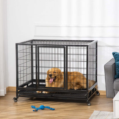 Pawhut Cage Pour Chiens De Grande Taille Avec Deux Portes, Roues Verrouillables, Plateau Amovible|Pawhut Cage Pour Chiens De Taille Moyenne Avec Deux Portes, Plateau A Roulettes Verrouillable, 42.9