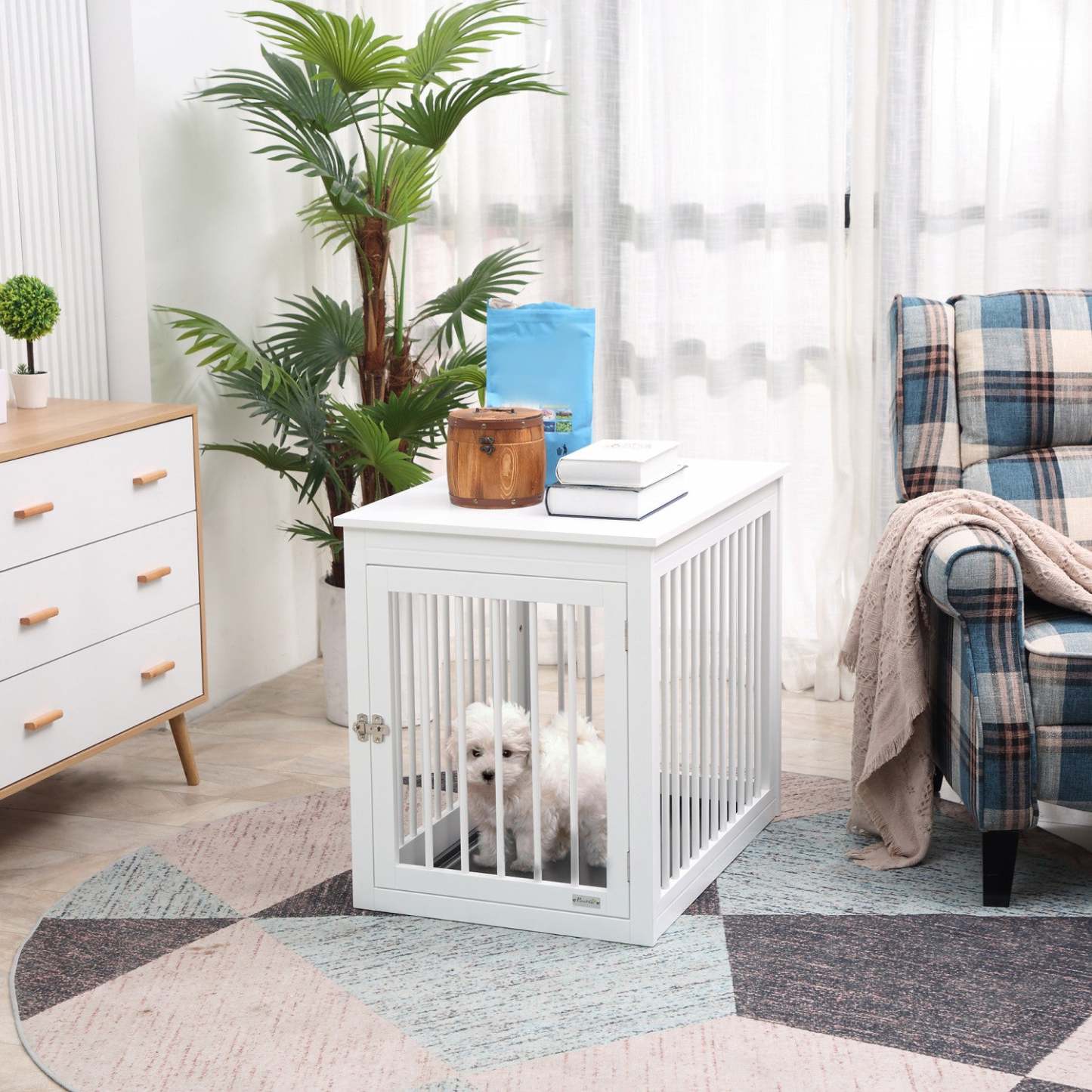 Pawhut Cage Pour Chien En Bois, Table D'Extrémité De Chenil Pour Chiot, Maison Décorative Pour Animal Avec Porte Avant