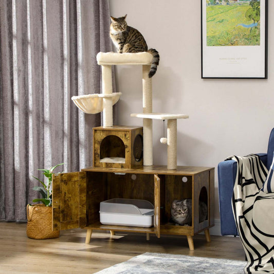 Pawhut Boîte à Litière Avec Tour d'Arbre à Chat, Meubles de Toilette Cachés pour Chat avec Condo, Gr