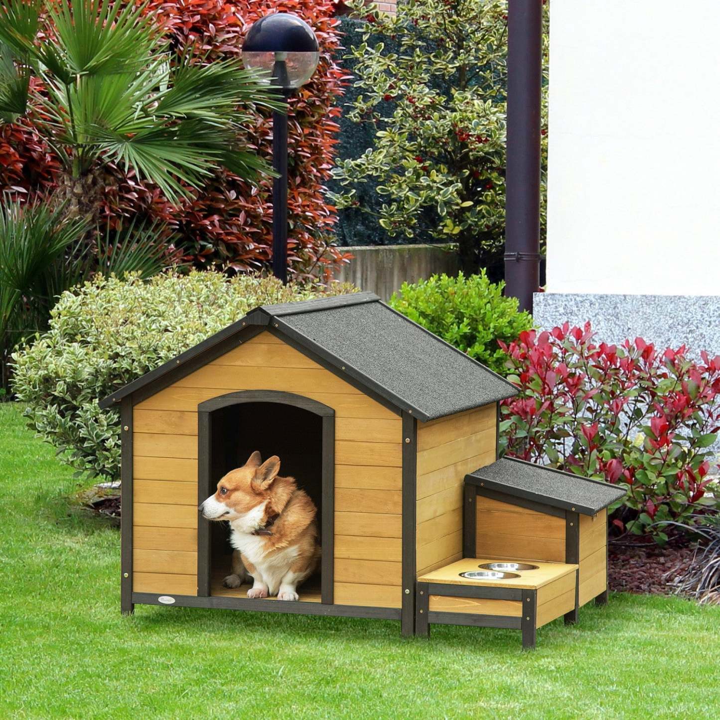 Pawhut Niche Pour Chien En Bois Pour L'extérieur, Maison Surélevée De Style Cabane Pour Animaux, Avec Bols, Résistante Aux Intempéries