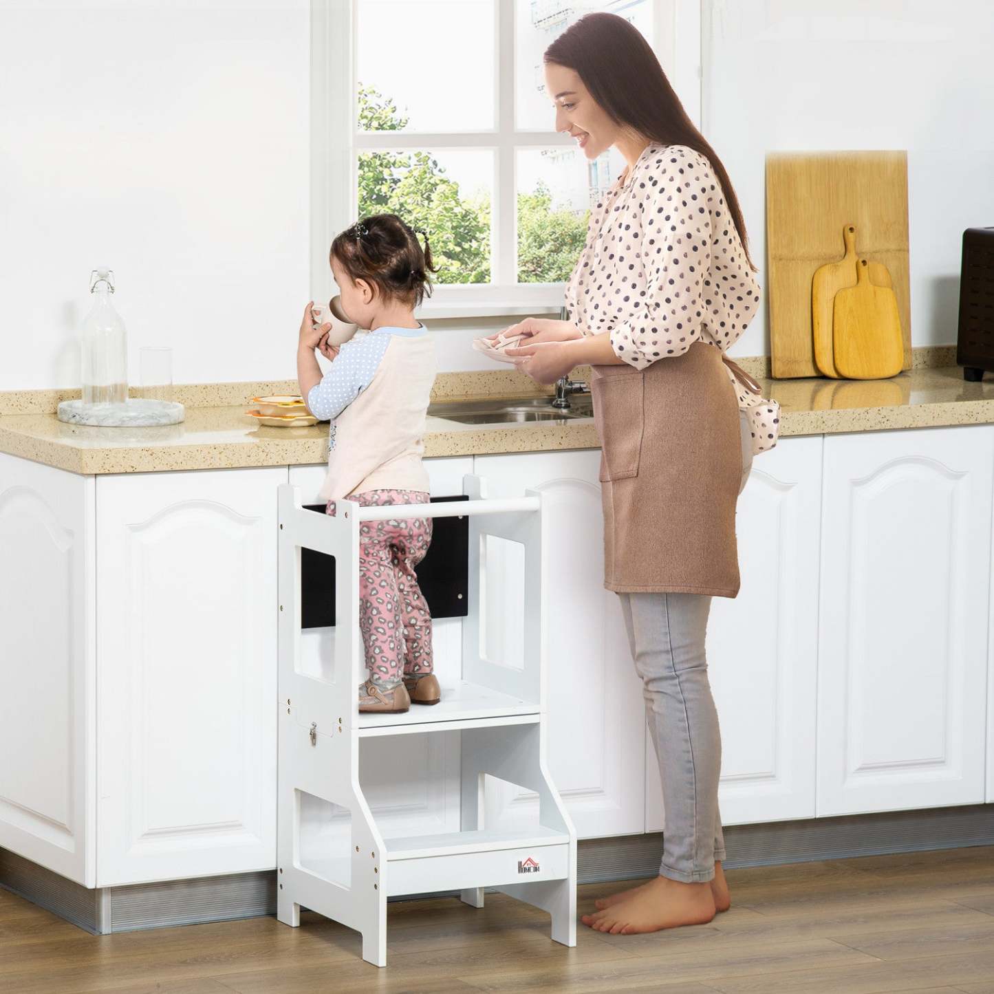 Qaba 2-en-1 Aide de Cuisine pour Enfants Tabouret, Ensemble Table et Chaise Détachable, Enfants Standin|Homcom 2 En 1 Tabouret De Cuisine Pour Enfants, Ensemble Table Et Chaise Détachable, Tabouret Pour E
