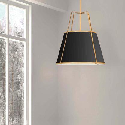 Dainolite Trapezoid 3 Light Pendant Trapezoid Gold/Black Shade White Fabric Diffuser Lamp|Luminaire suspendu Trapezoid de Dainolite avec abat-jour trapézoïde doré et noir qui diffuse la lumière, tissu blanc et 3 ampoules