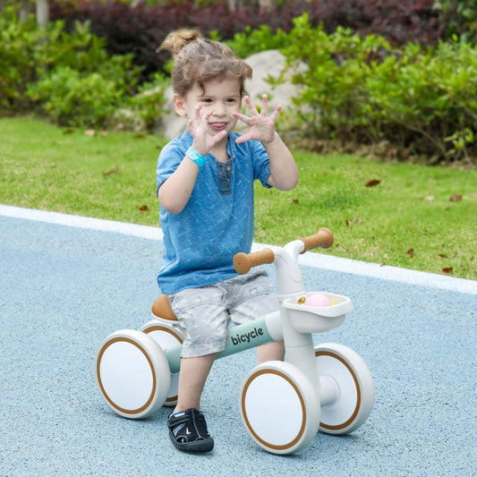 Qaba Baby Balance Bike, vélo d'équilibre pour tout-petits de 12 à 36 mois avec siège réglable, panier amovible, 4 roues silencieuses, vélo sans pédales pour garçons et filles, vert