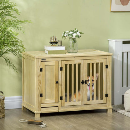 Pawhut Meubles De Caisse En Bois Pour Chien Avec Tiroir De Rangement Pour Bol, Table D'Extrémité De Chenil Avec Coussin Pour Sm