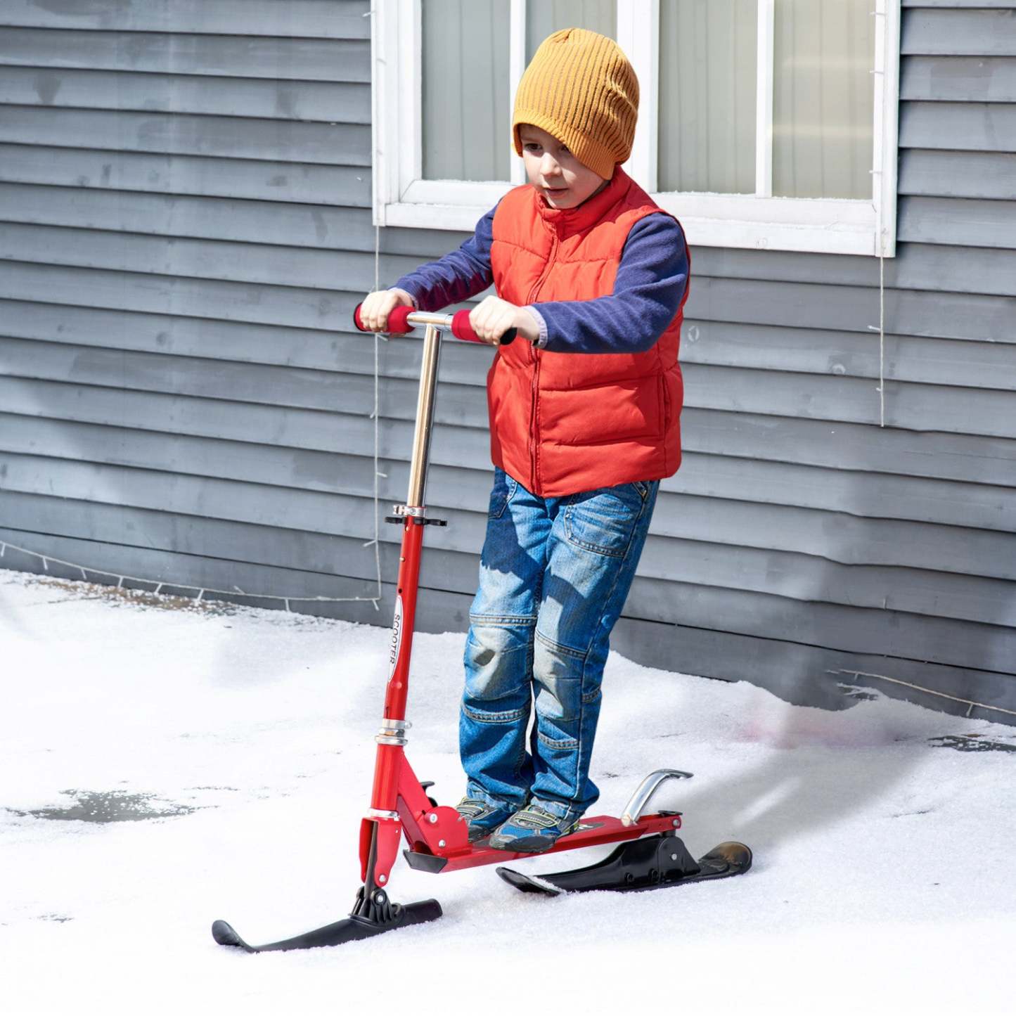 Qaba Trottinette Neige, Trottinette 2-en-1 à Hauteur Réglable pour Enfants de Plus de 7 Ans,|Qaba 2-en-1 Trottinette Convertible Tous Temps Pluie Neige Avec Roues Lames Rouge