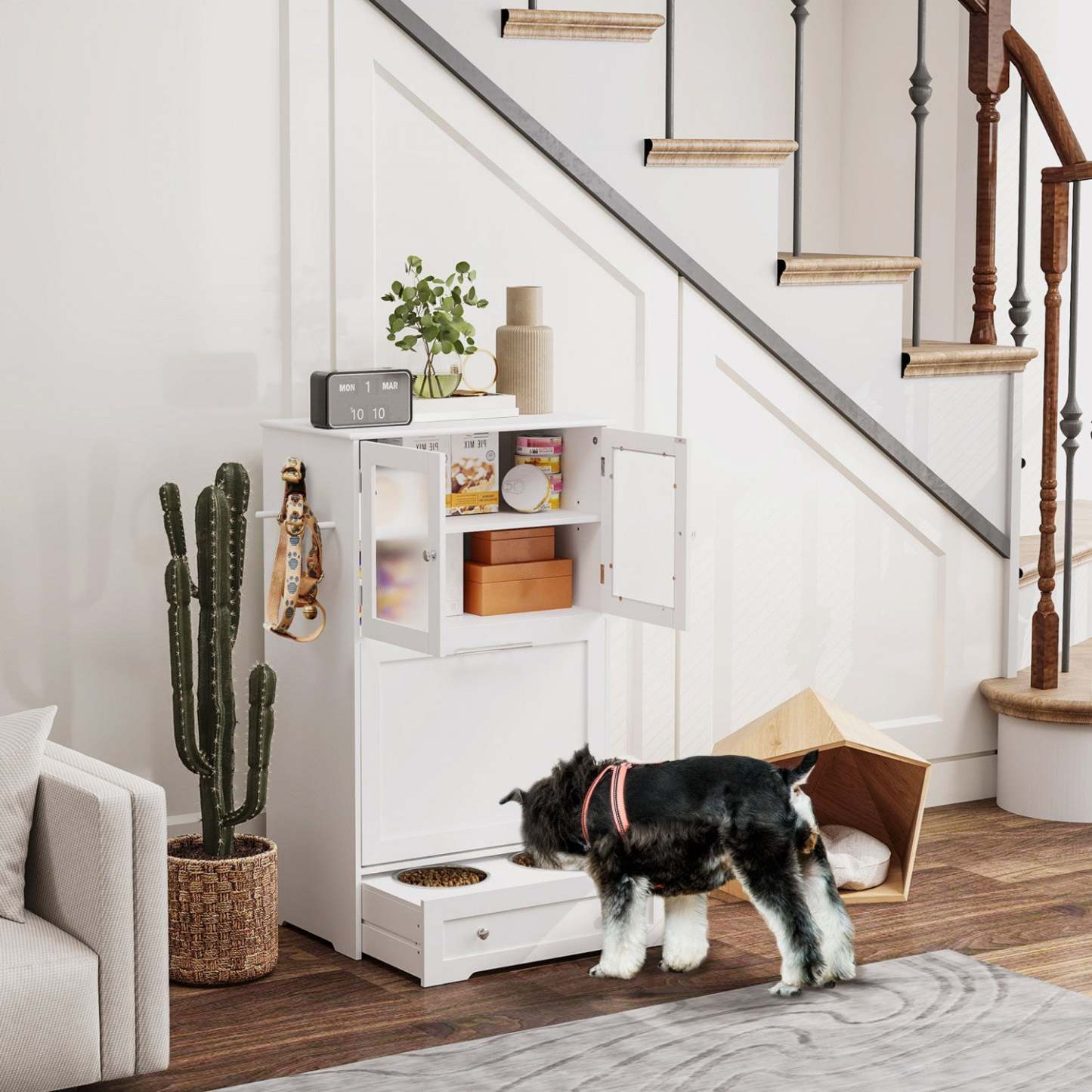 Pawhut Station D'alimentation Pour Chien Avec 2 Armoires De Rangement, Armoire De Stockage De Nourriture Avec 2 Bols Élevés Pour Chien