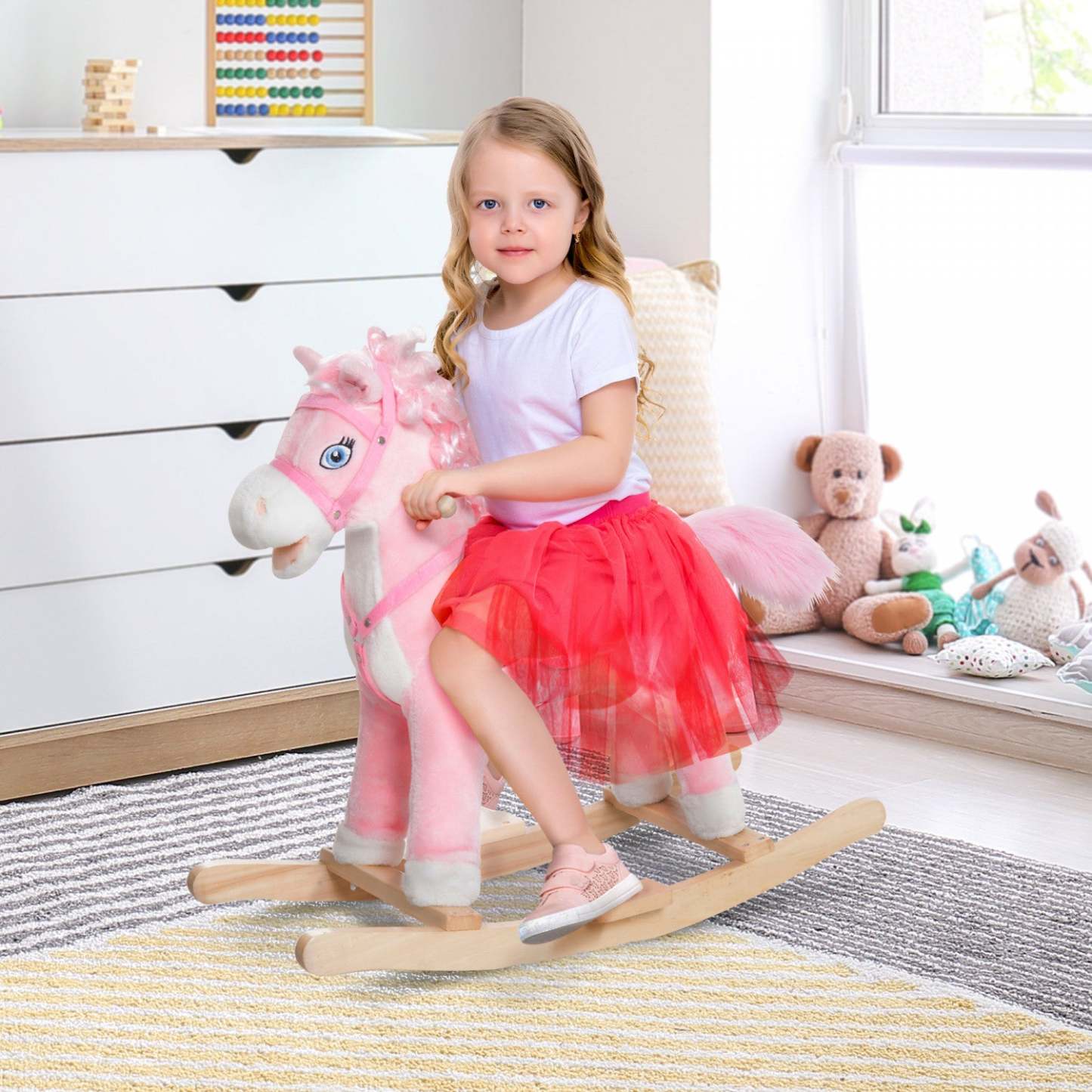 Qaba Kids Cheval à bascule en peluche jouet à bascule pour enfant avec fils réalistes rose