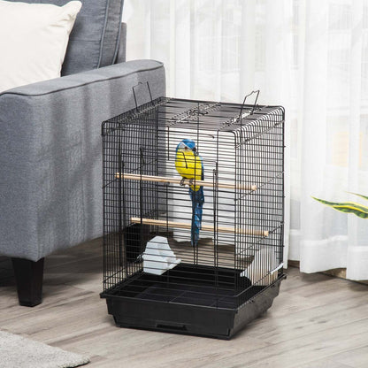 Pawhut 23 Cage à Oiseaux Volière Maison pour Perroquets Caillebotis avec Plateau de Jeu Ouvert et Bol d'Alimentation Perc|Pawhut 23 Cage A Oiseaux Parc Avec Plateau De Jeu Ouvert Et Bol D'alimentation Noir