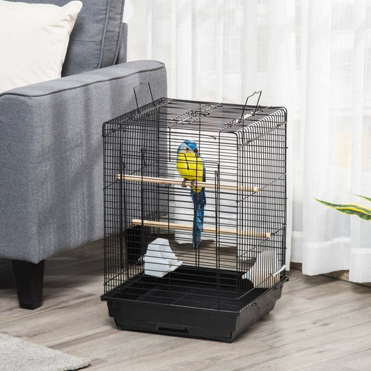 Pawhut 23 Cage à Oiseaux Volière Maison pour Perroquets Caillebotis avec Plateau de Jeu Ouvert et Bol d'Alimentation Perc|Pawhut 23 Cage A Oiseaux Parc Avec Plateau De Jeu Ouvert Et Bol D'alimentation Noir