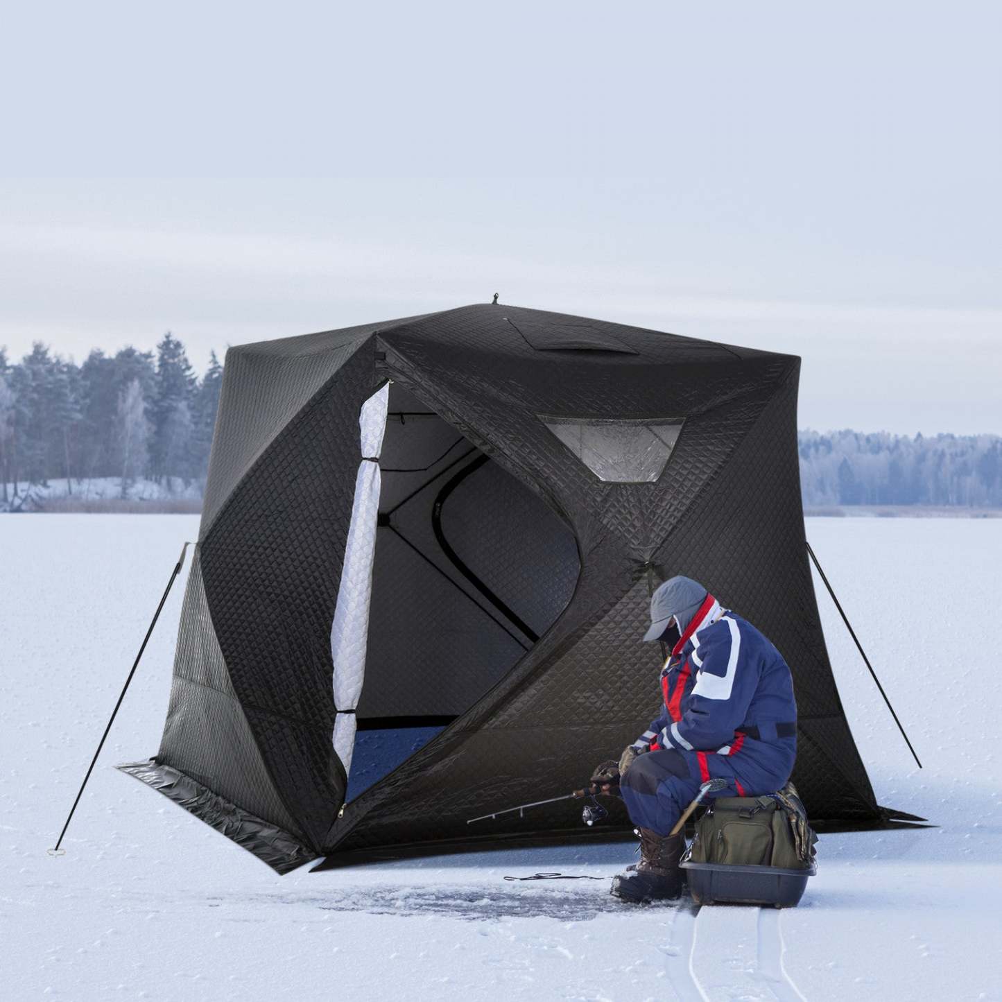 Outsunny Abri De Tente De Pêche Sur Glace Portable Pour 4 Personnes Avec Fenêtres De Ventilation