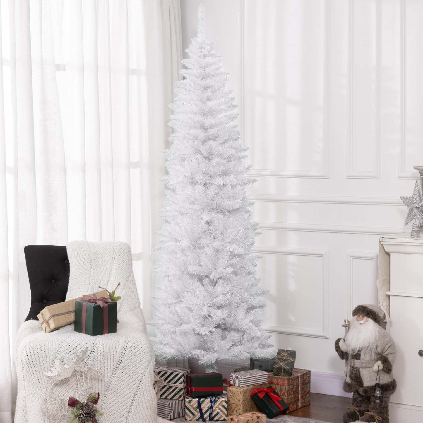 Homcom Arbre de Noël artificiel en forme de crayon de 7 pieds de haut avec base en acier, blanc|Homcom Arbre de Noël artificiel de 7 pi de haut avec base en acier, blanc