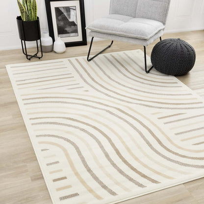 Tapis Forte Cream Beige Brown Curvy Lines - 5'3 x 7'5|Carpette Forte crème, beige et brune à motif de lignes courbées - 5 pi 3 po x 7 pi 5 po