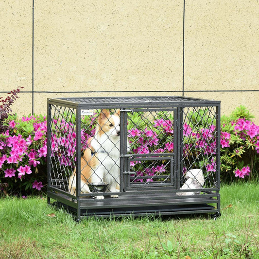 Pawhut Cage Pour Chien Robuste En Metal Avec Roulettes, Dessus Ouvrant, Plateau Amovible, Bol En Aci