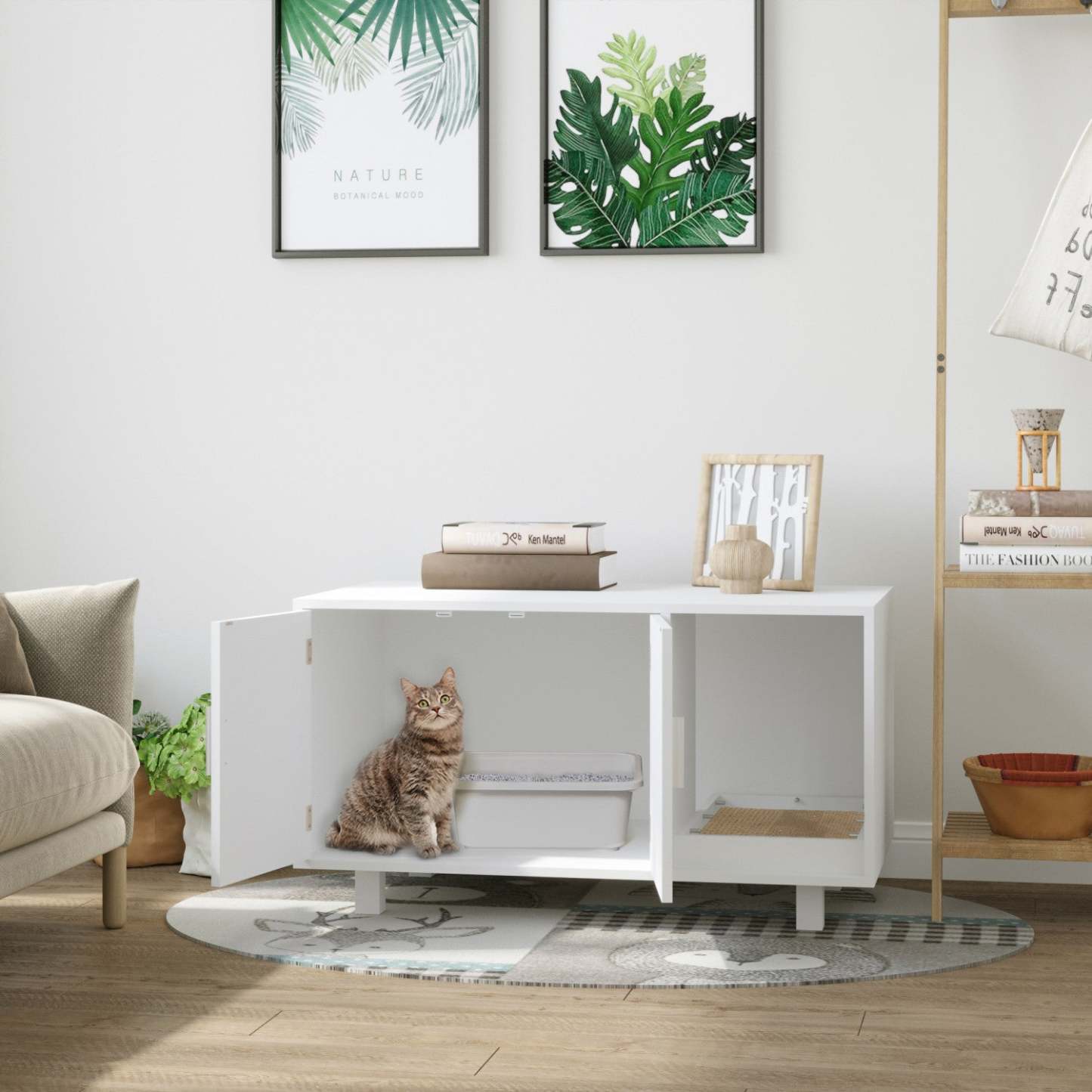 Pawhut Meuble de toilette en bois pour chat avec litière intégrée, niche, table de chevet et griffoir | Portes magnétiques Gratoir Blanc