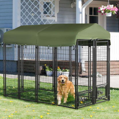 Pawhut Niche D'exterieur Pour Chien, Enclos Pour Animaux Avec Verrouillage, Clôture En Acier Soudé, Avec Résistance À L'eau Et Aux Uv | Pawhut Niche D'extérieur Pour Chien De 8' X 4' X 6' Avec Supports De Gamelle Rotatifs, Parc Pour Ani