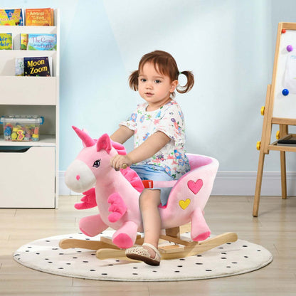Qaba Cheval A Bascule Pour Bebe Avec Licorne Avec Chansons, Jouet A Bascule Avec Base En Bois, Ceinture De Sécurité