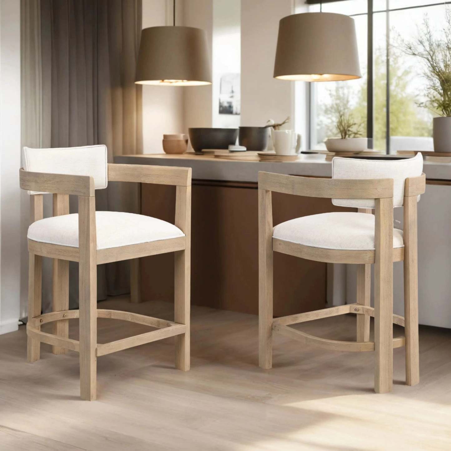 Tiffany 26 Ensemble De 2 Tabourets (Hauteur De Comptoir) Avec Structure En Bois Massif, Tissu Aspect Lin - Fini Naturel