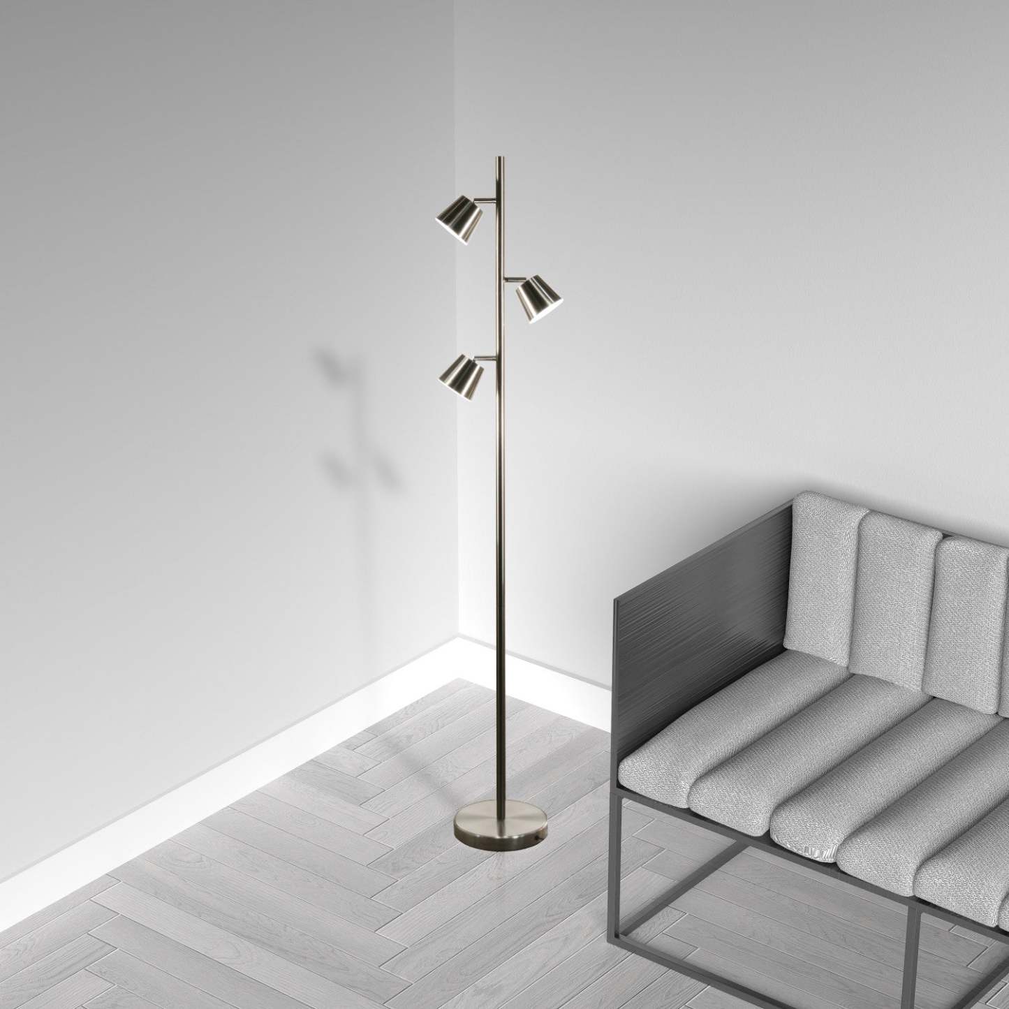 Dainolite Modern 3 Light LED Lampadaire Satin Chrome Finish|Lampe à pied Modern de Dainolite avec fini chrome satiné et 3 ampoules à DEL