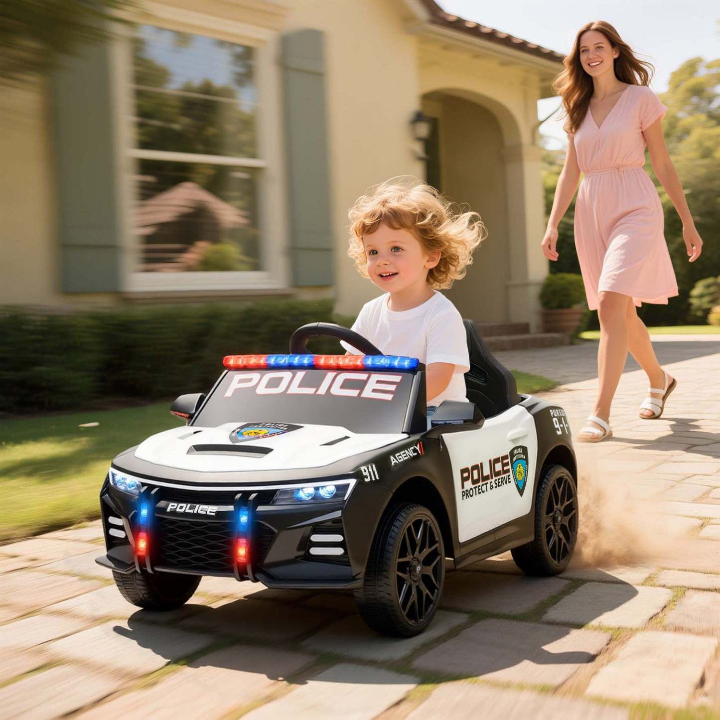 Qaba Kids Voiture de Police Électrique, Voiture Alimentée par Batterie 12v avec Télécommande, Sirènes, Lumières Clignotantes, Musique, Klaxon, Amortisseurs, Véhicule Électrique pour Garçons et Filles, Blanc