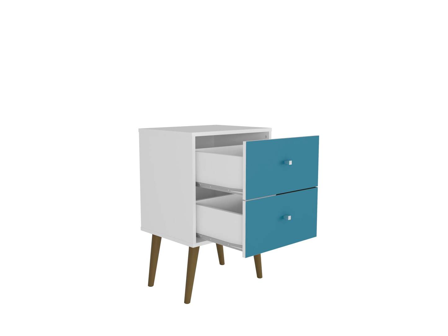 Manhattan Comfort Liberty Mid-Century Modern Nightstand with 2 Full Extension Drawers - White & Aqua Blue|Table de nuit Liberty de Manhattan Comfort de style moderne du milieu du 20e siècle avec 2 tiroirs à extension complète - blanche et bleu turquoise