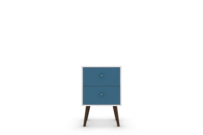 Manhattan Comfort Liberty Mid-Century Modern Nightstand with 2 Full Extension Drawers - White & Aqua Blue|Table de nuit Liberty de Manhattan Comfort de style moderne du milieu du 20e siècle avec 2 tiroirs à extension complète - blanche et bleu turquoise