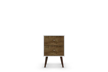 Manhattan Comfort Liberty Mid-Century Modern Nightstand with 2 Full Extension Drawers - White & Rustic Brown|Table de nuit Liberty de Manhattan Comfort de style moderne du milieu du 20e siècle avec 2 tiroirs à extension complète - blanche et brun rustique