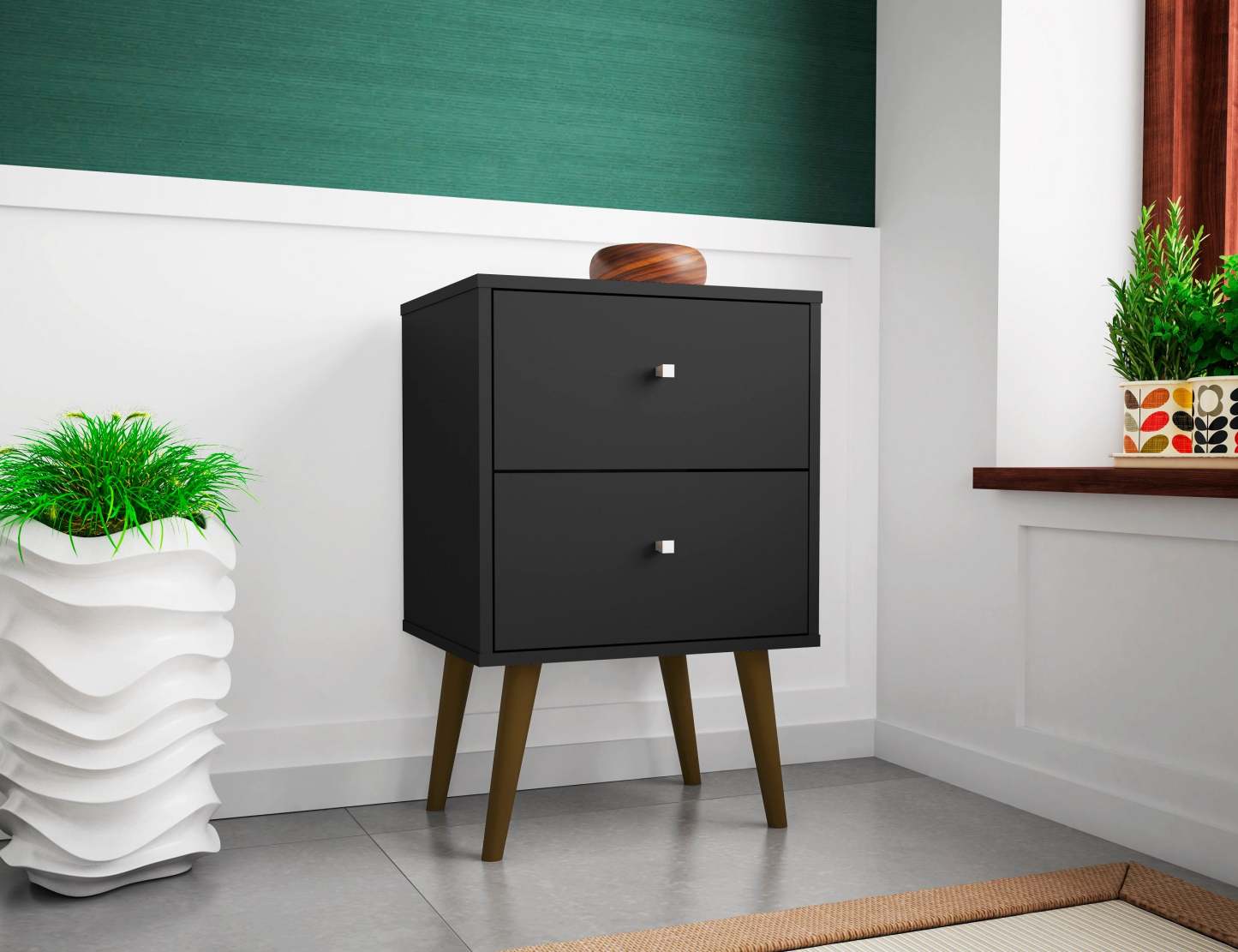 Manhattan Comfort Liberty Mid-Century Modern Nightstand with 2 Full Extension Drawers - Black|Table de nuit Liberty de Manhattan Comfort de style moderne du milieu du 20e siècle avec 2 tiroirs à extension complète - noire