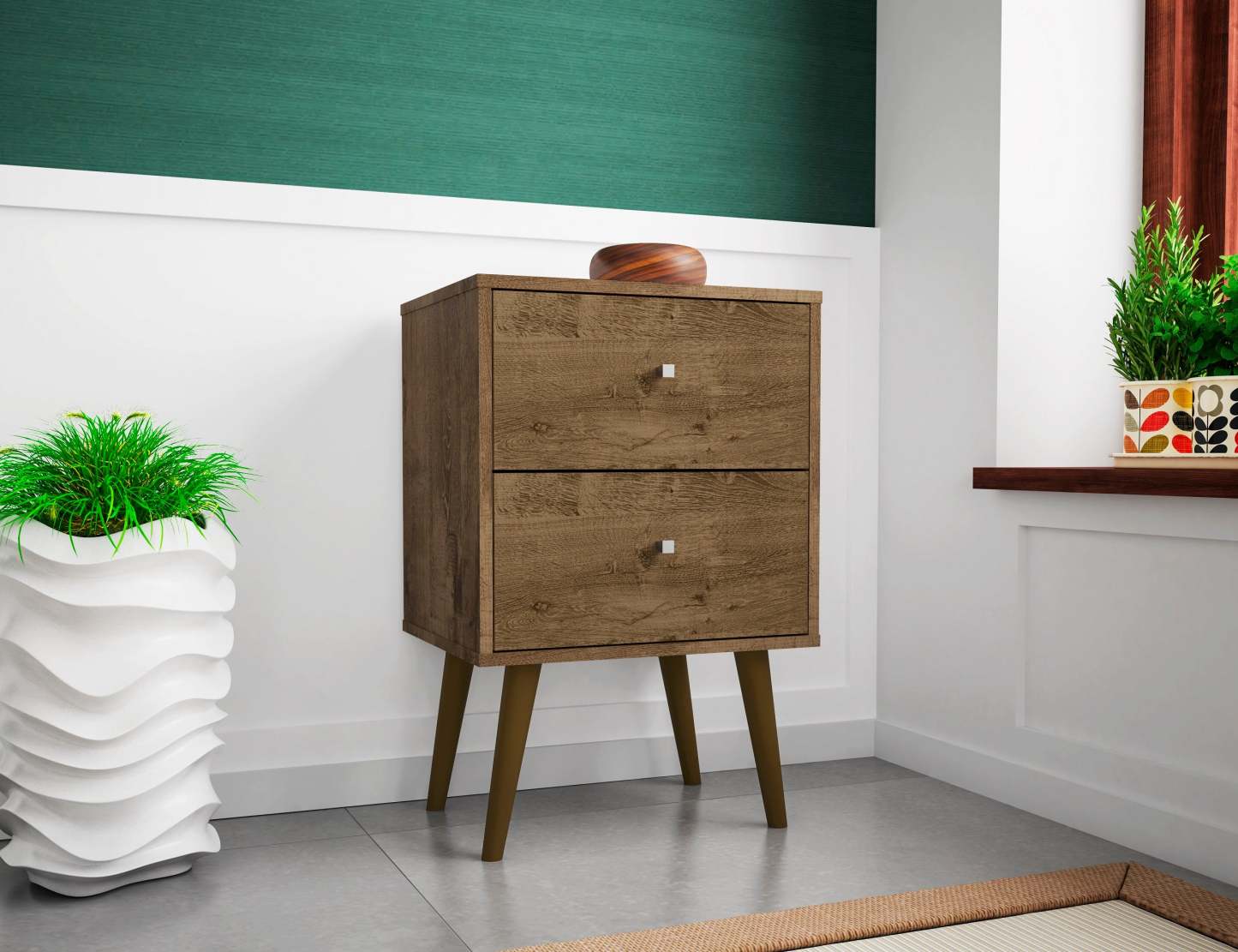 Manhattan Comfort Liberty Mid-Century Modern Nightstand with 2 Full Extension Drawers - Rustic Brown|Table de nuit Liberty de Manhattan Comfort de style moderne du milieu du 20e siècle avec 2 tiroirs à extension complète - brun rustique