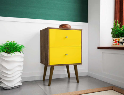 Manhattan Comfort Liberty Mid-Century Modern Nightstand with 2 Full Extension Drawers - Rustic Brown & Yellow|Table de nuit Liberty de Manhattan Comfort de style moderne du milieu du 20e siècle avec 2 tiroirs à extension complète - brun rustique et jaune