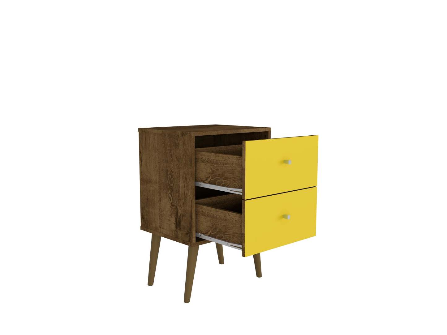 Manhattan Comfort Liberty Mid-Century Modern Nightstand with 2 Full Extension Drawers - Rustic Brown & Yellow|Table de nuit Liberty de Manhattan Comfort de style moderne du milieu du 20e siècle avec 2 tiroirs à extension complète - brun rustique et jaune